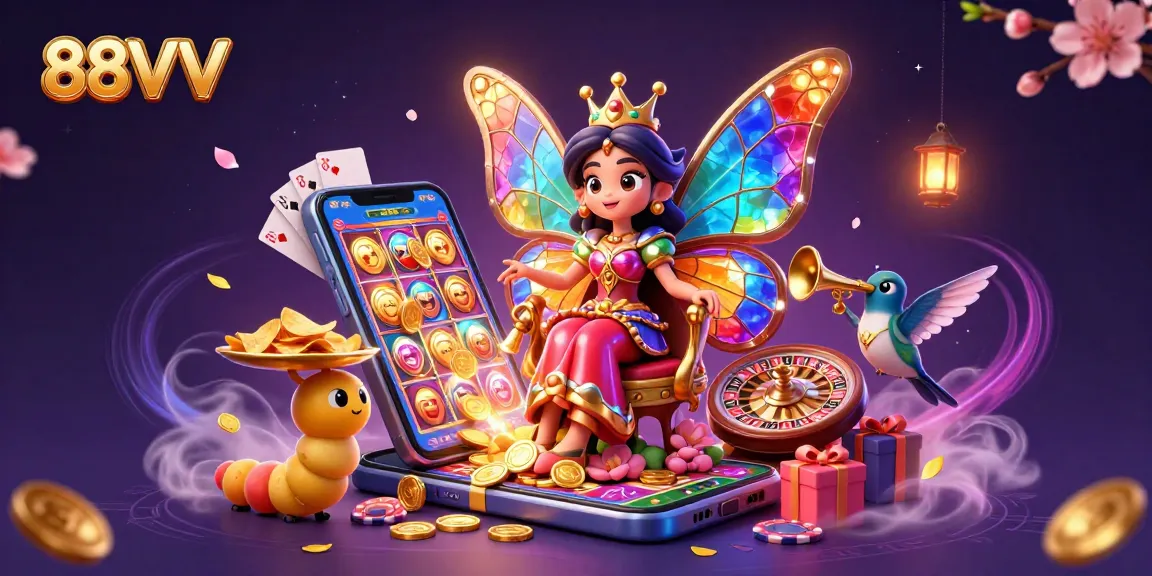 Experience 88VV's vibrant gaming scene with a butterfly queen and dynamic casino elements.