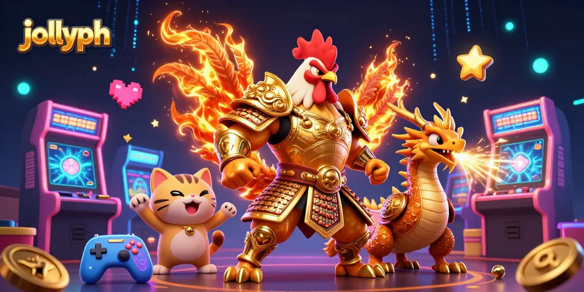 Experience the thrill of jollyph with a dynamic scene of a roaring rooster warrior and dragon hatchling amidst vibrant casino elements.