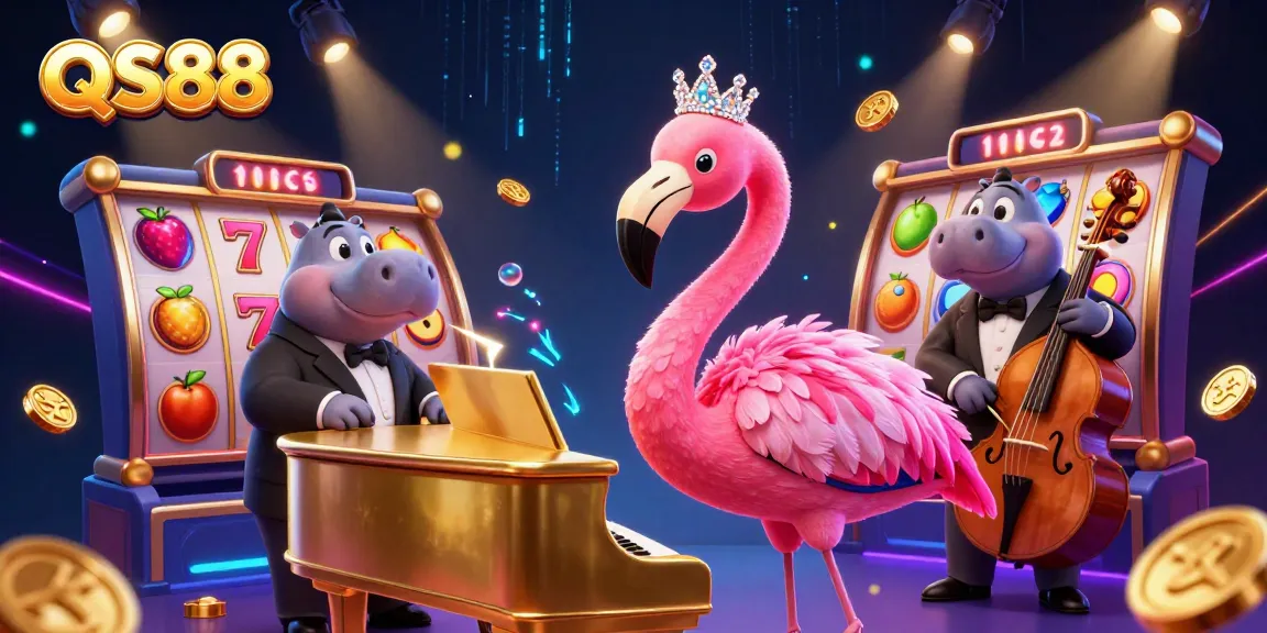 QS88 brings excitement with colorful slots, animated flamingo singer, and rich casino vibes.