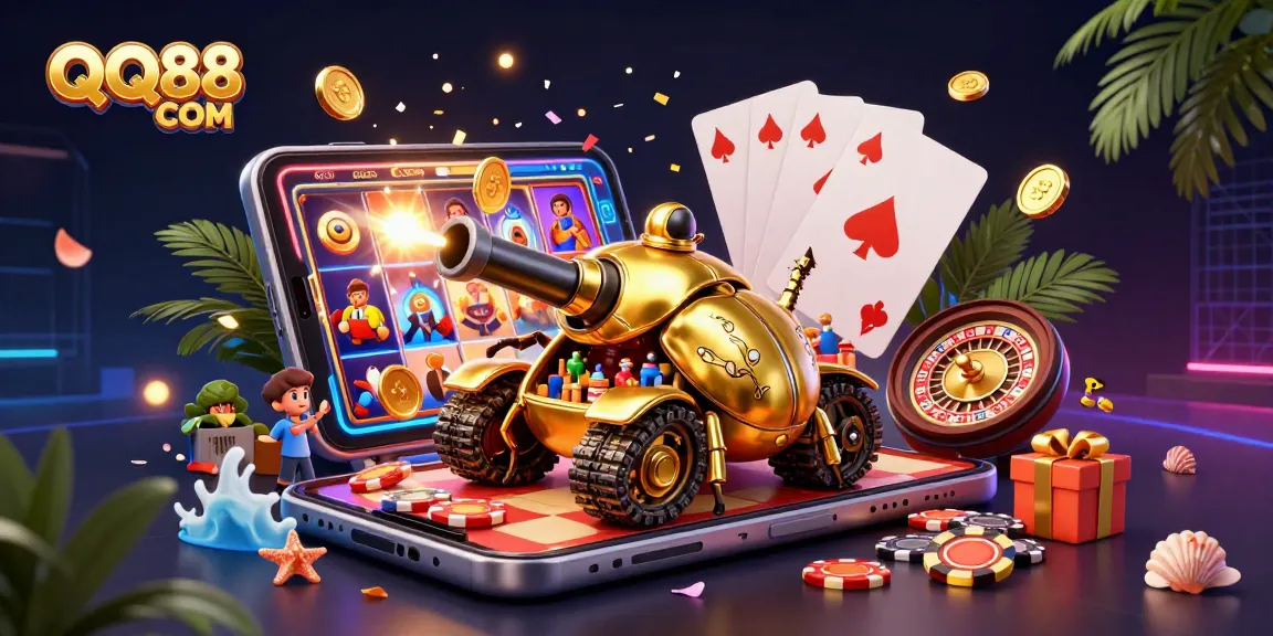 Engage with QQ88 COM's vibrant gaming experience inside a golden beetle tank casino bursting with excitement.