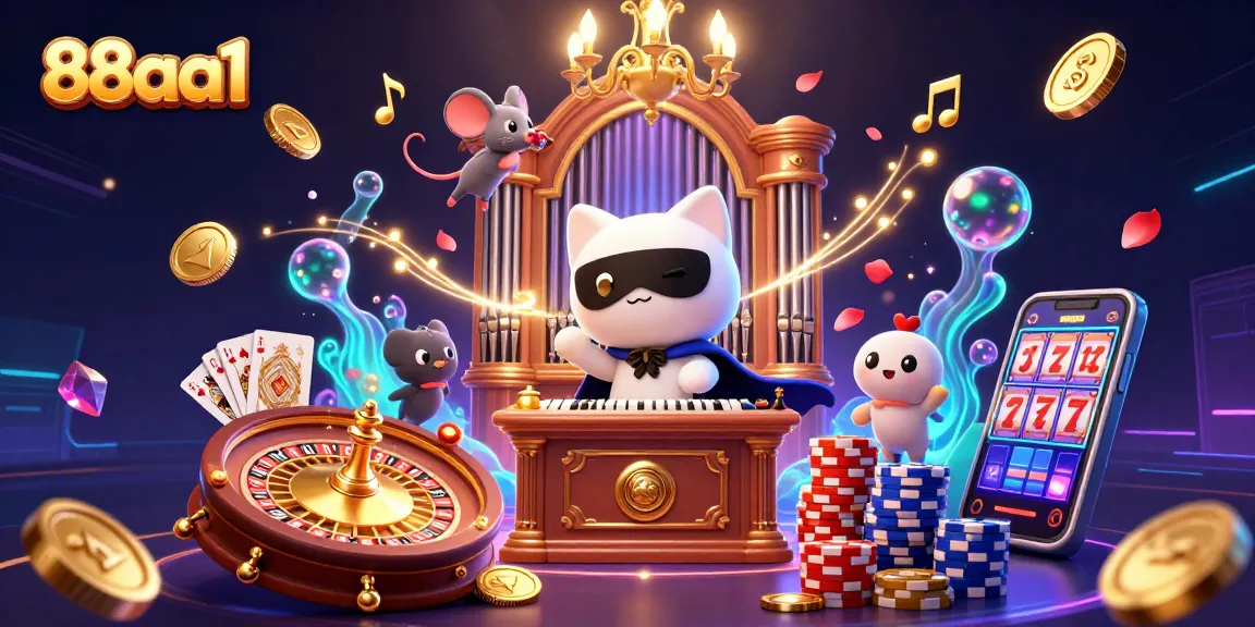 Engage with 88aa1 in a captivating casino scene featuring a phantom cat at a grand organ.
