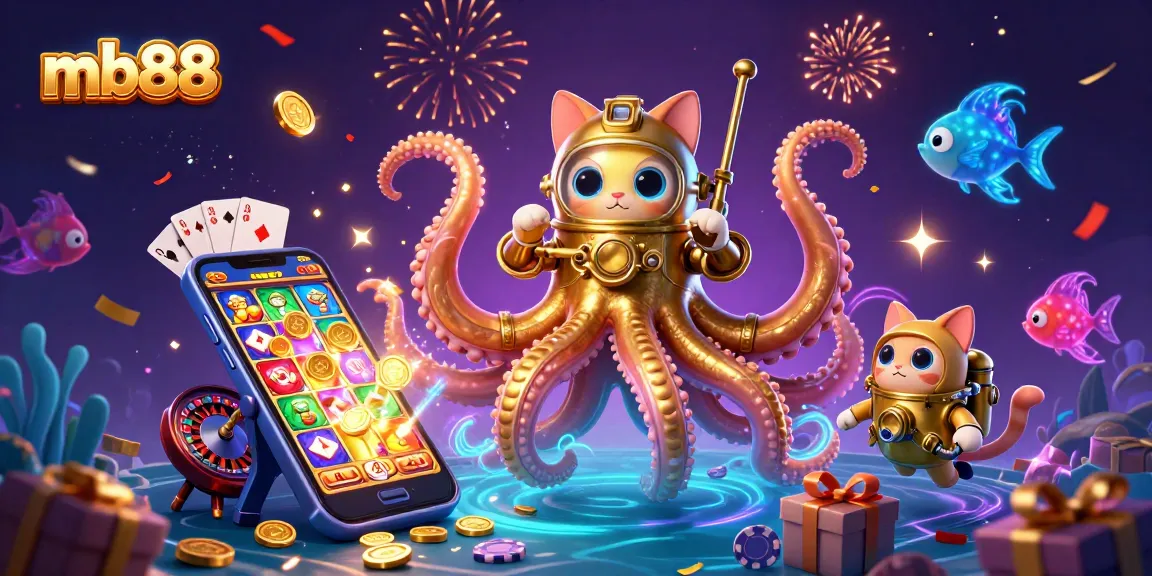 Play thrilling slots at mb88 while surrounded by a colossal kraken and vibrant diving cat.