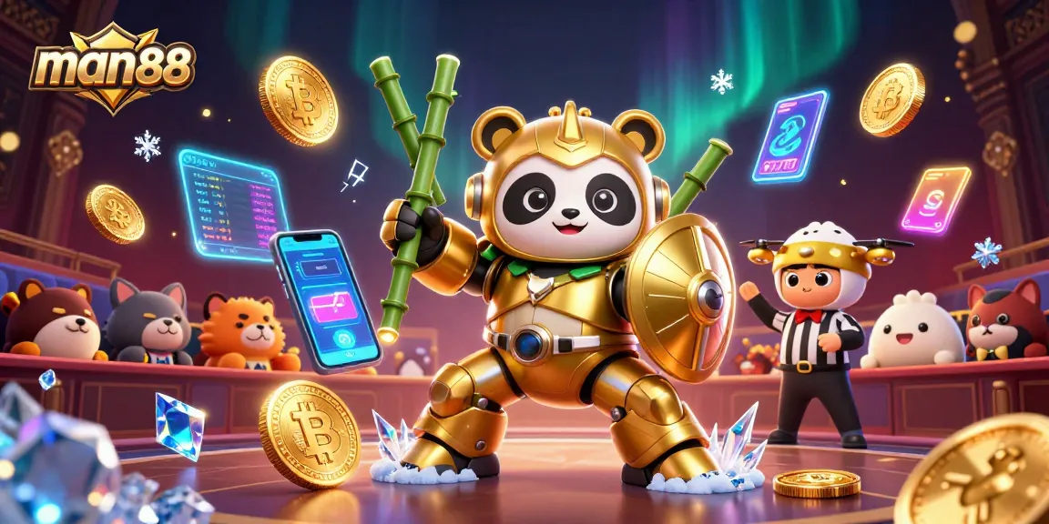 Engage with man88 at a vibrant casino scene featuring a mech-suit panda and crypto gaming elements.