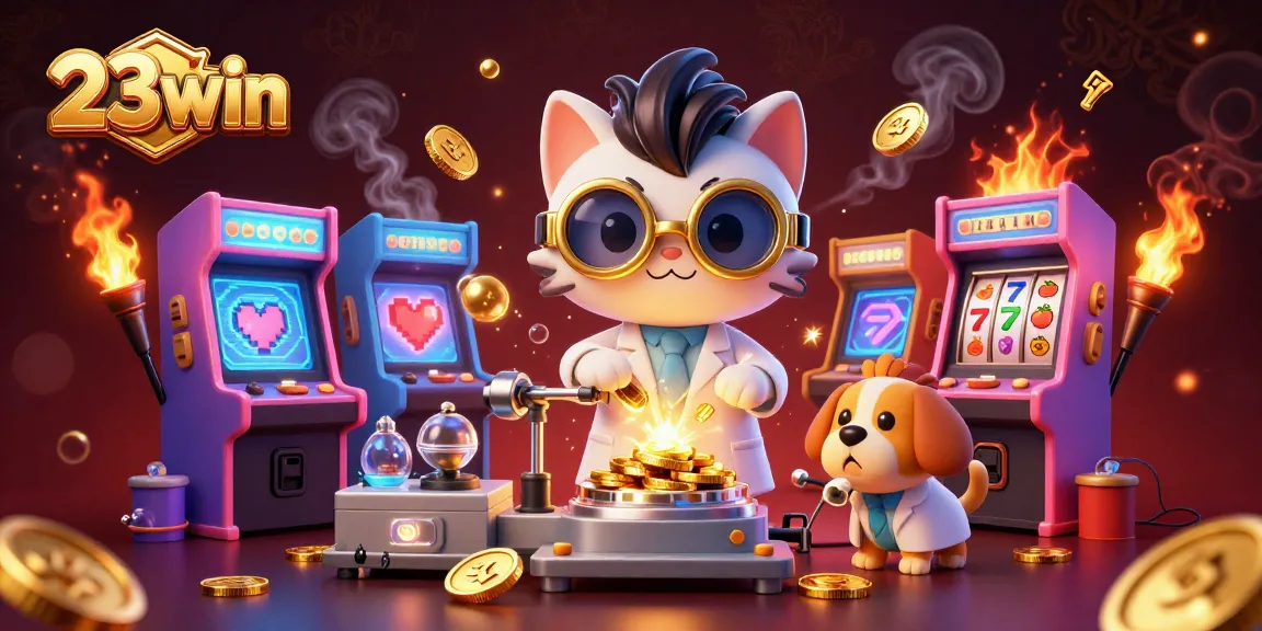 Experience thrilling action at 23win with our vibrant casino game illustration featuring the mad scientist cat!