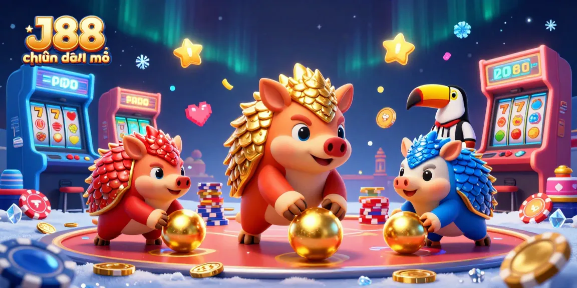Experience J88 hiện đang mở as rival pangolins bowl through poker chips in a vibrant, animated casino scene.