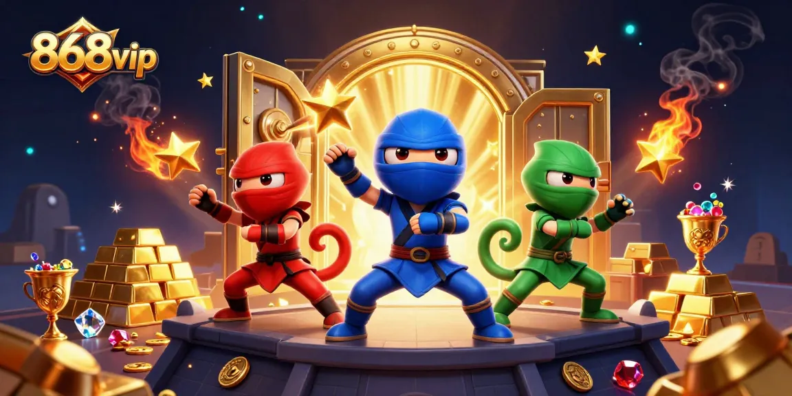 Engage in thrilling adventures with 868vip's ninja chameleon team amidst dazzling casino treasures.