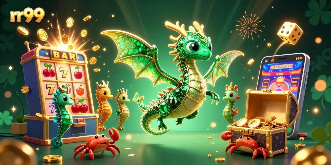 rr99 captures the excitement of gaming with a sea dragon, slot machines, and animated coins in a vibrant casino scene