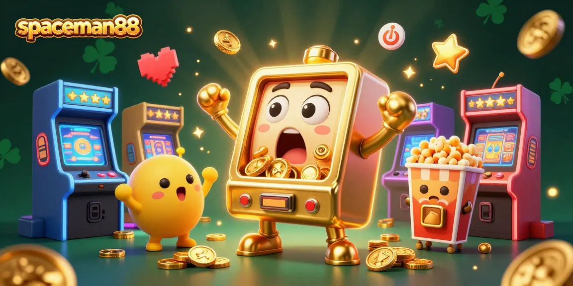 Experience the excitement of spaceman88 as a golden slot machine hits its jackpot with coins pouring out.