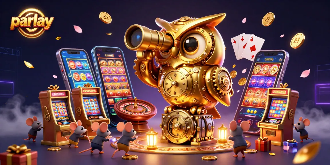 Experience thrilling parlay betting with a cartoon golden owl overlooking vibrant casino elements.