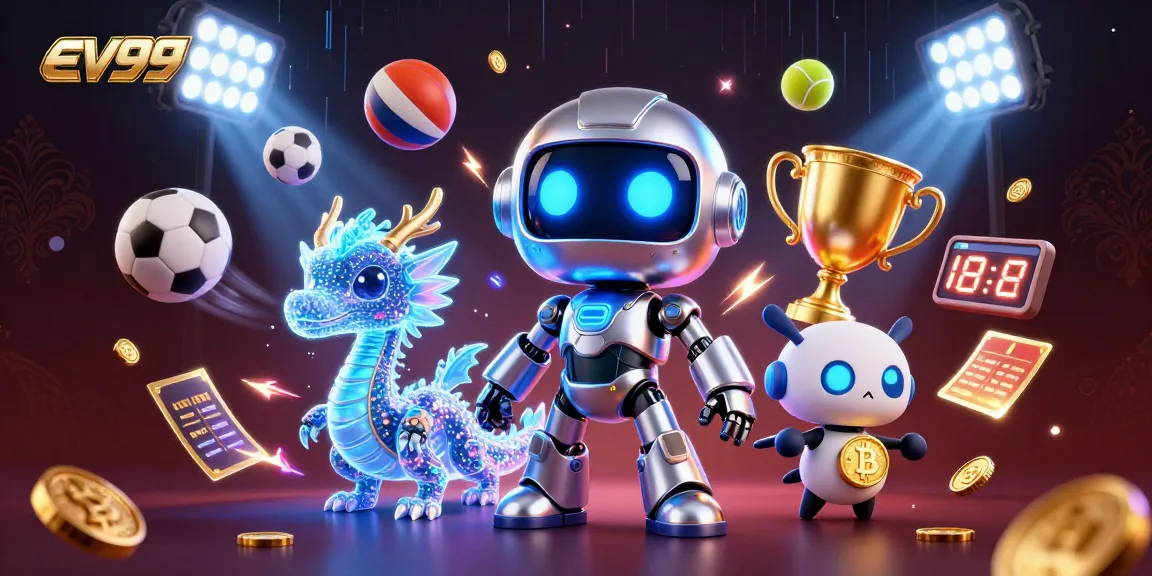 Experience the excitement of ev99 with a vibrant 3D casino scene filled with futuristic characters and dynamic betting elements.