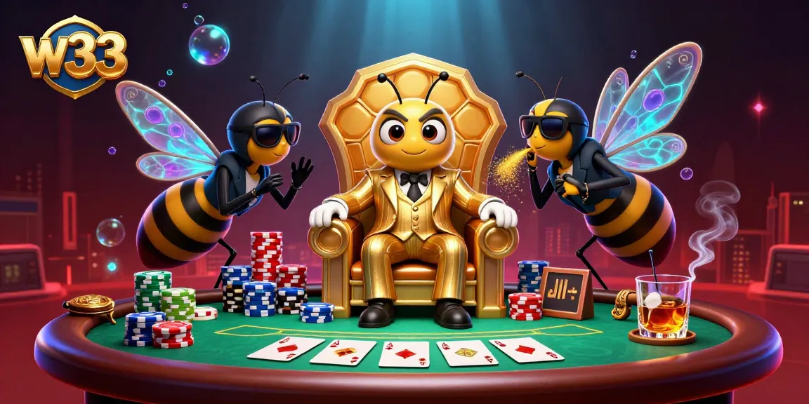 w33 players strategizing at poker table with mobs and animated casino elements in 3D.