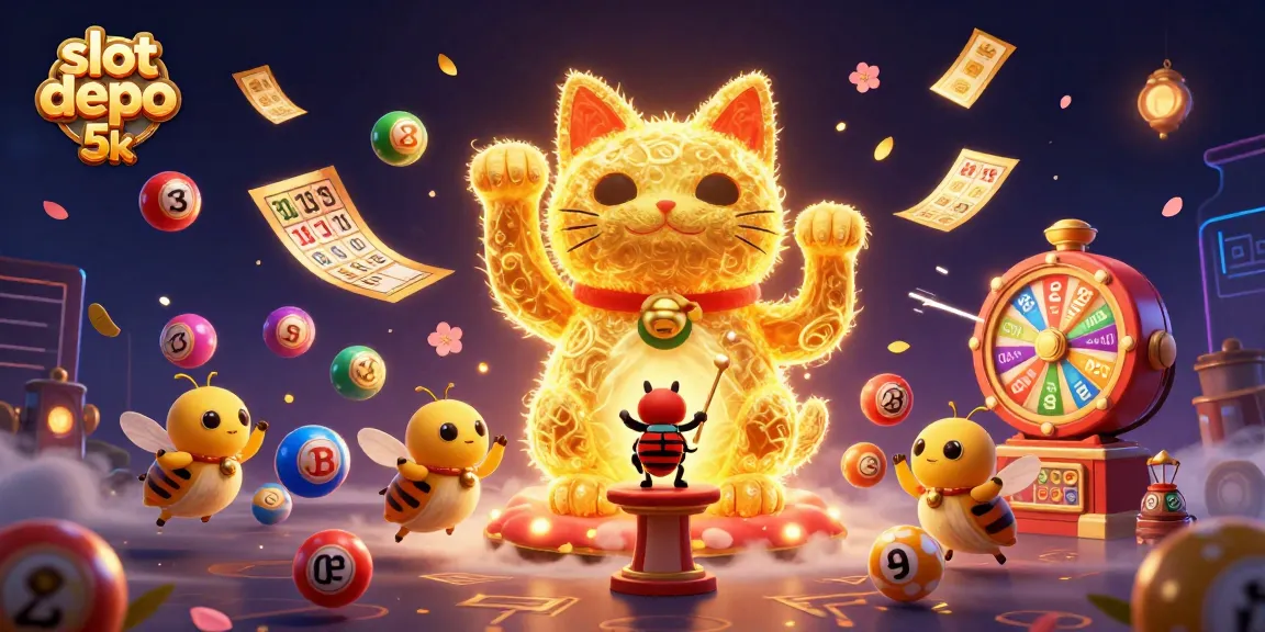 Play at slot depo 5k for exciting opportunities, featuring a giant lucky cat symbolizing luck and fortune.