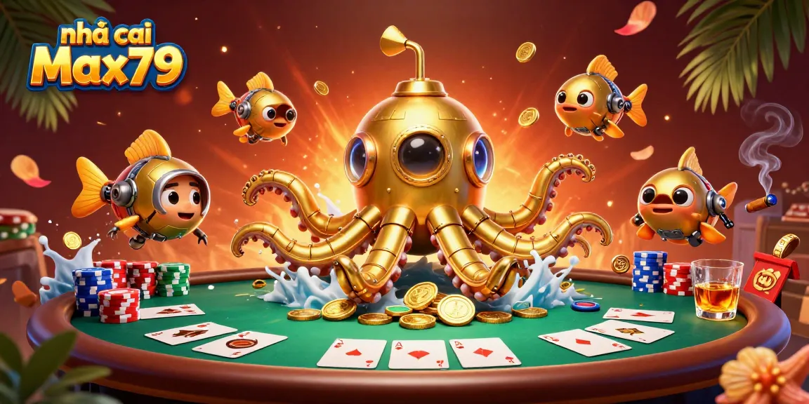 Experience thrilling gameplay at nhà cái Max79 with a vibrant 3D casino scene featuring poker elements.
