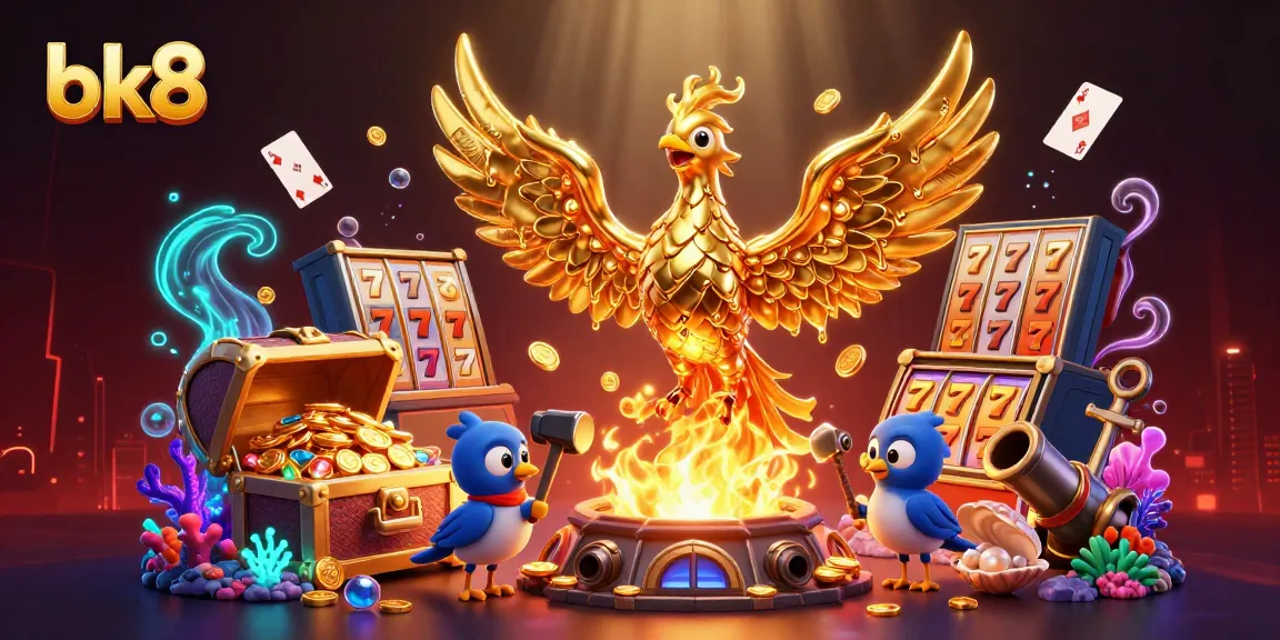 Bet on fortune with bk8's golden phoenix, showcasing vibrant slot reels and underwater riches.