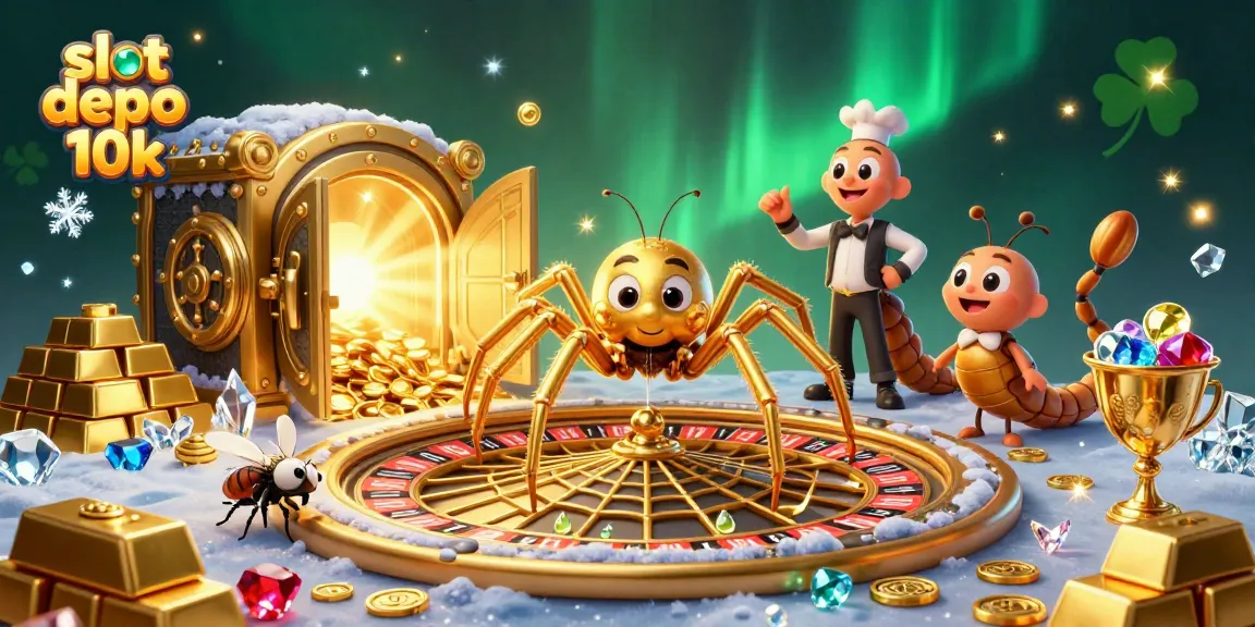 Engage with slot depo 10k's thrilling experience through a vibrant illustration of a spider-themed roulette.